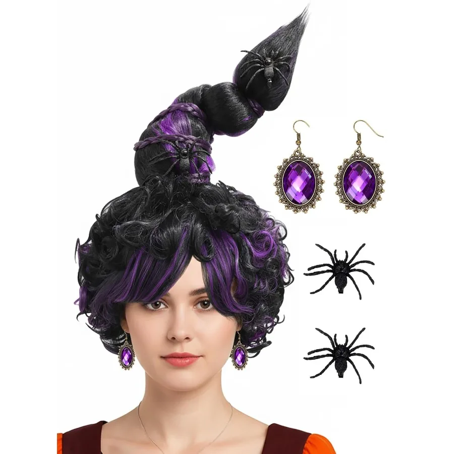 شعر مستعار أسود أرجواني للنساء البالغات، شعر مستعار مضفر مسبقًا لحفلات الهالوين