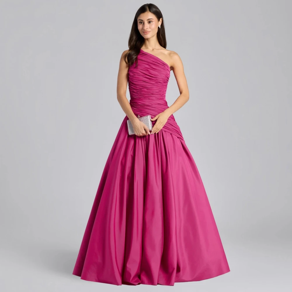 Fuchsia Evening Dresses Women's One Shoulder Pleat Plus Size A-line Floor Length Prom Gowns Customized Valentine's Party Dress