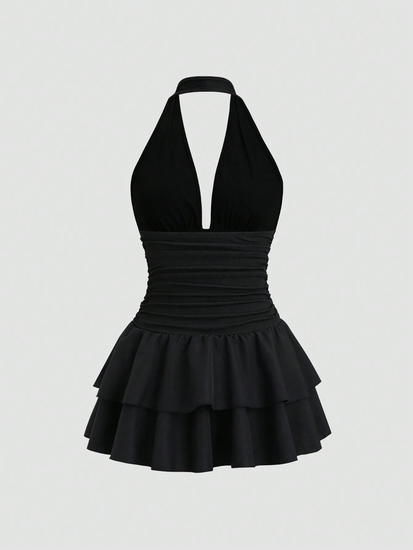 Black Knit & Woven Patchwork V-Neck Ruffle Backless Mini Dress With Ruched Waist, Simple Elegant For Vacation Casual Daily Wear