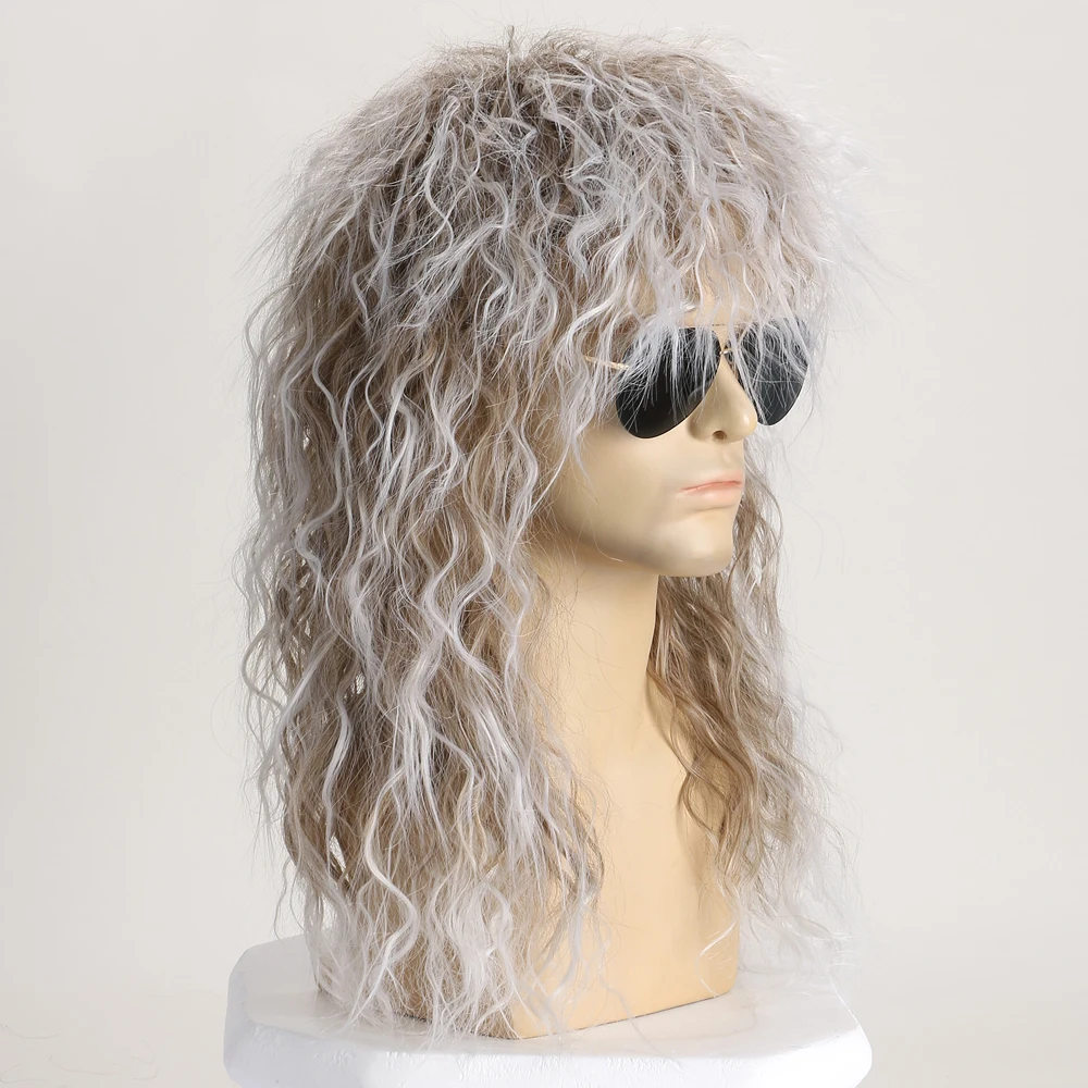 70s 80s Rockstar Synthetic Wig for Men Silver and Brown Punk Fluffy Curvy Long Wigs for Halloween Party Mullet Wig Cosplay Rock