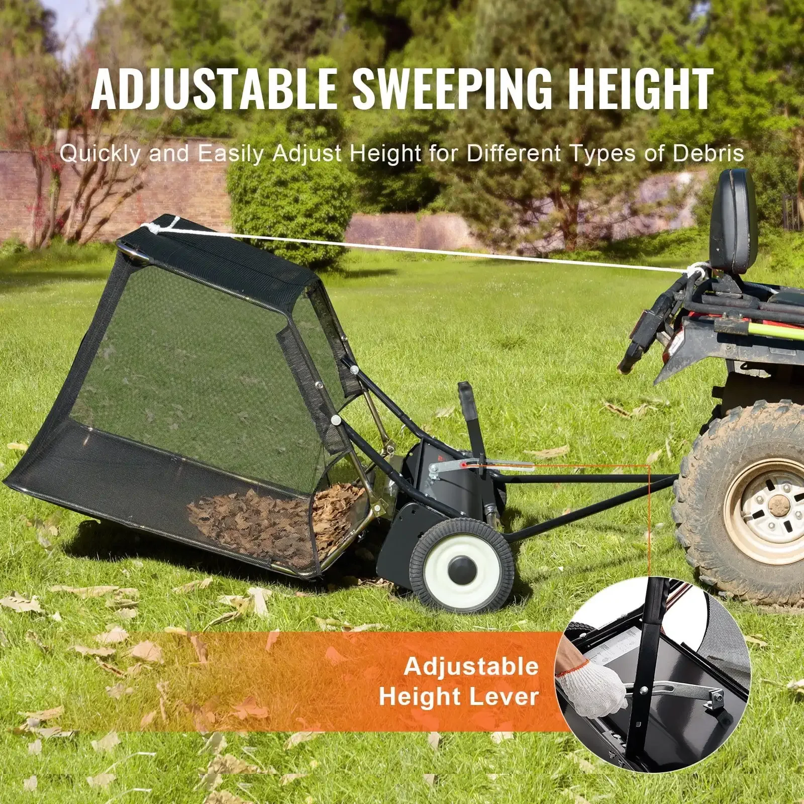 Tow-Behind Lawn Sweeper 52-inch Leaf Yard Collector 26 cu.ft. Adjustable