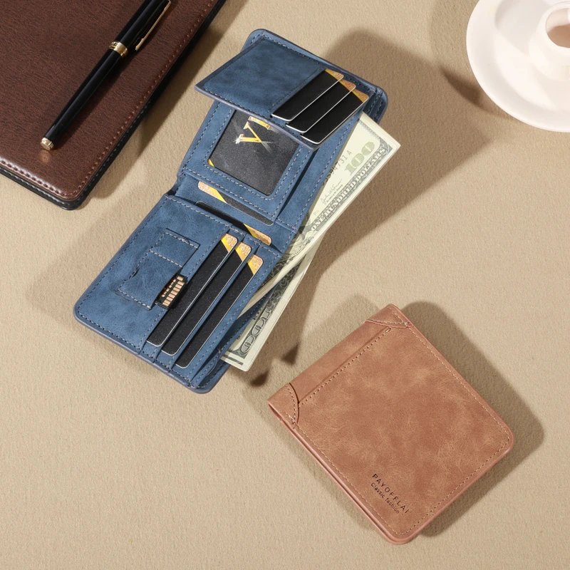 Vintage Matte Leather Men's Wallet - Coffee Tri-fold with Multi-Card Slots, Money Clip, and Eyelet Detail