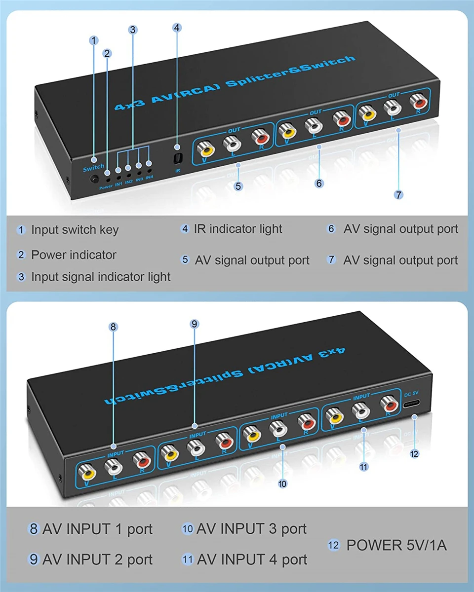 4 Way RCA Switch 4 in 3 Out AV Switch RCA Switcher Box Video L/R Stereo Audio AV Selector Box 4X3 Composite Switcher for DVD PS2