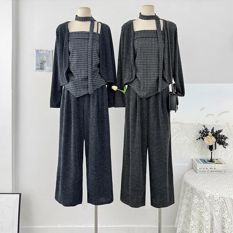 

Korean Style Casual Three Piece Set Women Plaid Tube Top+Cardigan+High Waisted Straight Leg Pants Elegant Versatile Set