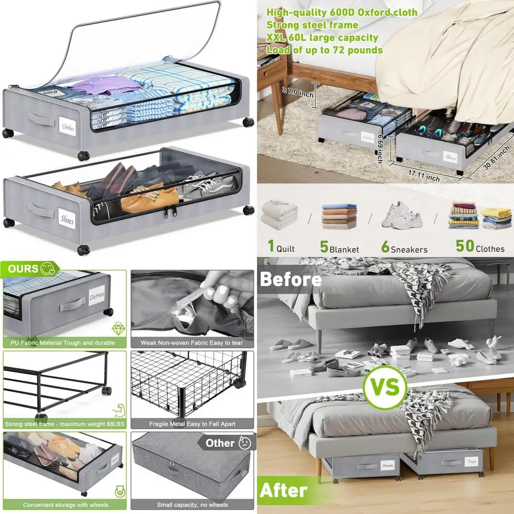 

Набор из 2-х коробок для хранения под кроватью размера XXL с колесиками, прозрачными крышками и этикетками для одежды, обуви, игрушек, книг - серый