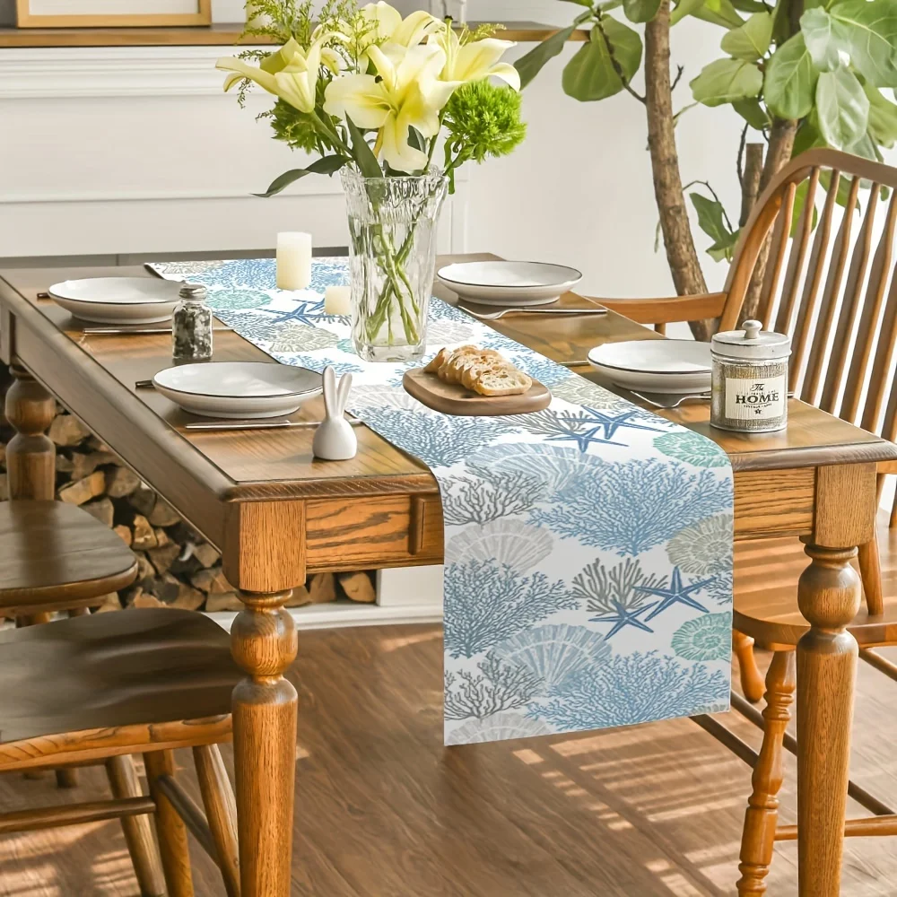 1pc Linen Long Tropical Ocean Beach Sea Water Table Runner，for FamilyDinner, Wedding, Outdoor Indoor Party  Table Decor