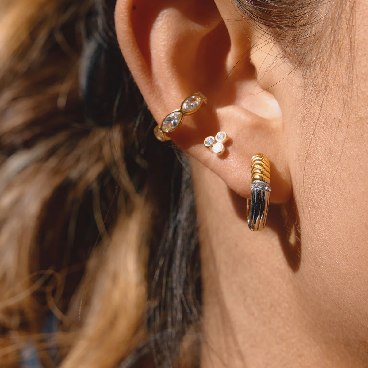 Punk Chunky Round Tube O-Shaped Stainless Steel Earrings Gold&silver Mix Color Ribbed Circle Zircon Hoop Huggie Earring Jewelry