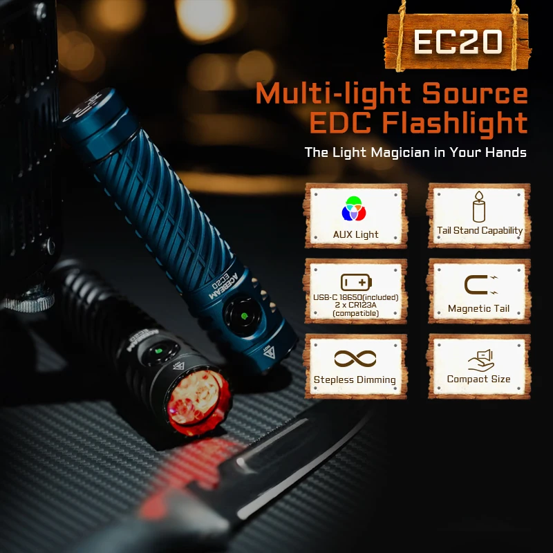 ACEBEAM EC20 new released Led flashlight EDC LUXEON HL4X Leds 2800 lumens 340 meters 18650 battery multi-color auxiliary lights