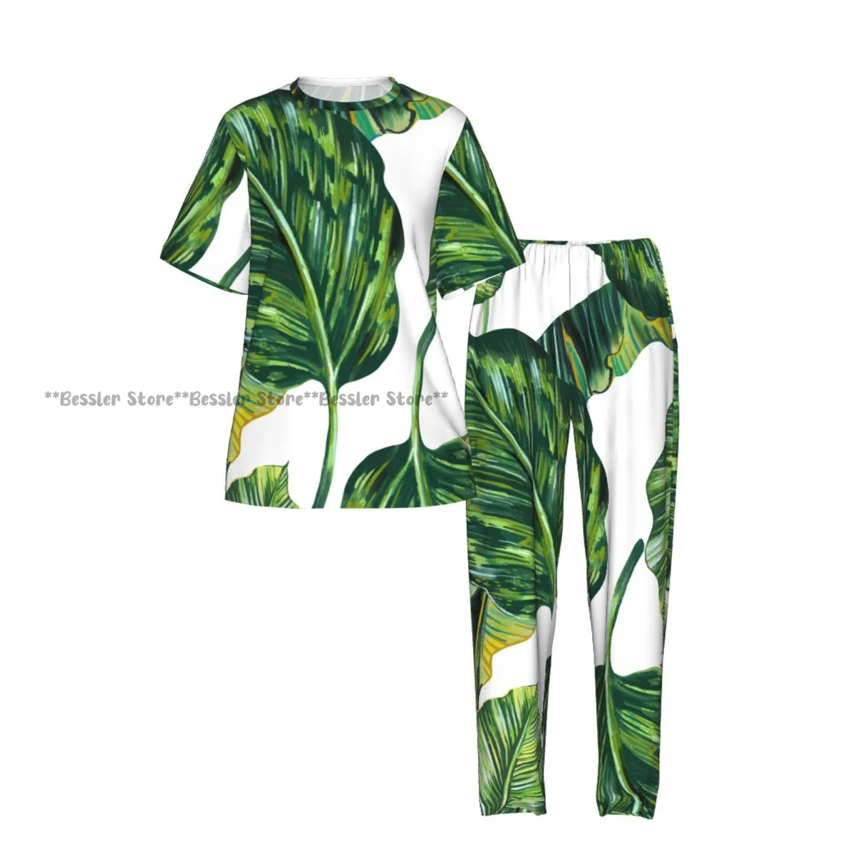 Tropical Leaves Jungle Leaf Pajamas Set Short-sleeved Women Home Clothing
