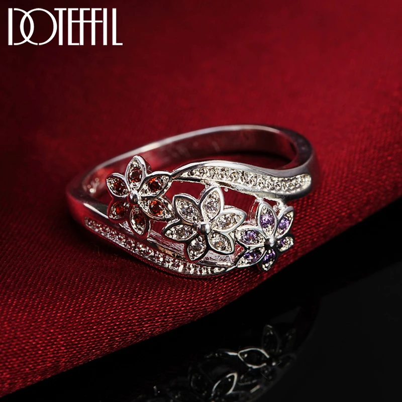 DOTEFFIL 925 Sterling Silver Flower Colorful AAAAA Zircon Ring For Woman Fashion Wedding Engagement Party Charm Jewelry