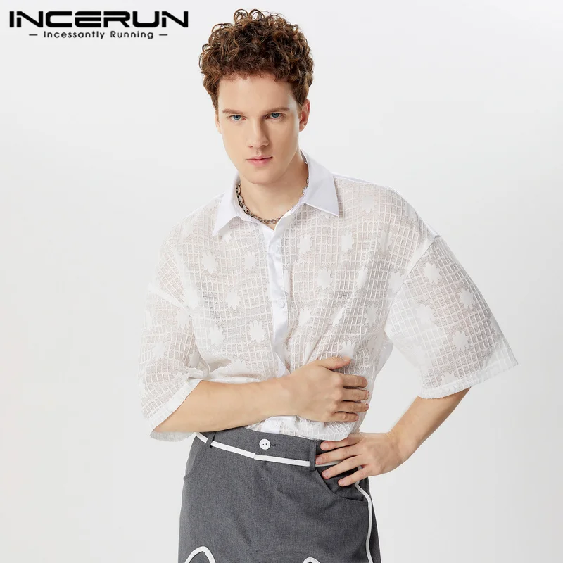 INCERUN Tops 2024 American Style Men's Sexy Floral Plaid Silk Shirts Fashion Clubwear Male Thin Gauze Half Sleeved Blouse S-5XL