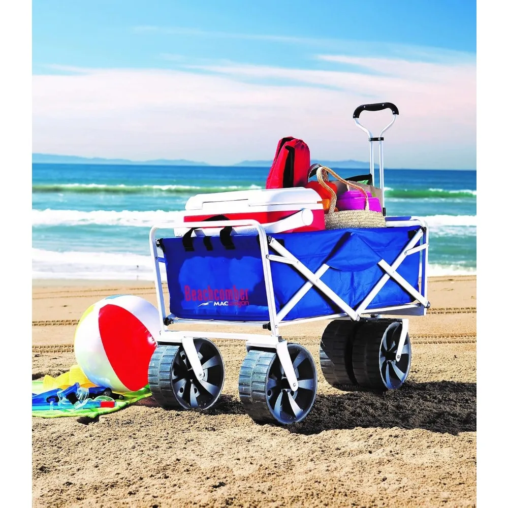 Heavy Duty Collapsible Folding All Terrain Utility Beach Wagon Cart, Blue/White