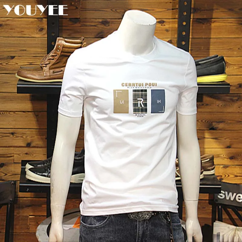 Men's Short Sleeve T-shirt R Letter Printed Mercerized Cotton Male Tees Simple Casual Summer Fashion Slim O-Neck Man Top Clothes