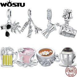 WOSTU 925 Sterling Silve Flower Teacup Pink Charm Enamel Bottle Travel Vacation Fun Pendant Fit Original Bracelet Women DIY Gift