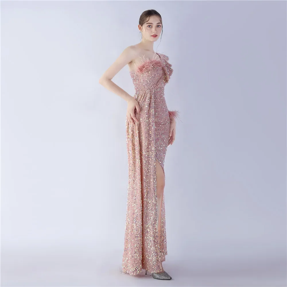 Sladuo-Robe de cocktail longue fendue à manches 3/4 avec plumes pour femme, robe formelle sirène élégante à paillettes, une initiée