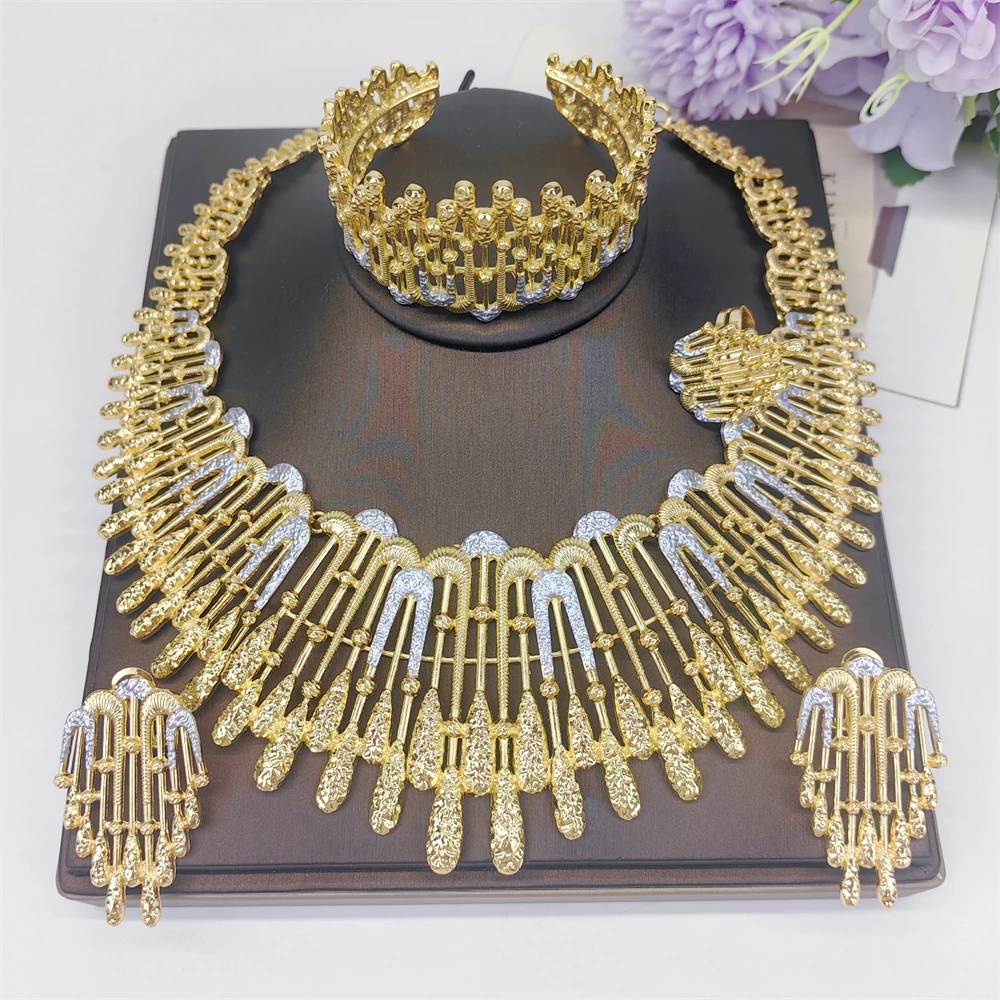 

Luxury Gold Plated Necklace Earrings Bracelet Ring Set Women 18k Gold Plated Dubai Jewelry Set For Exquisite Gifts