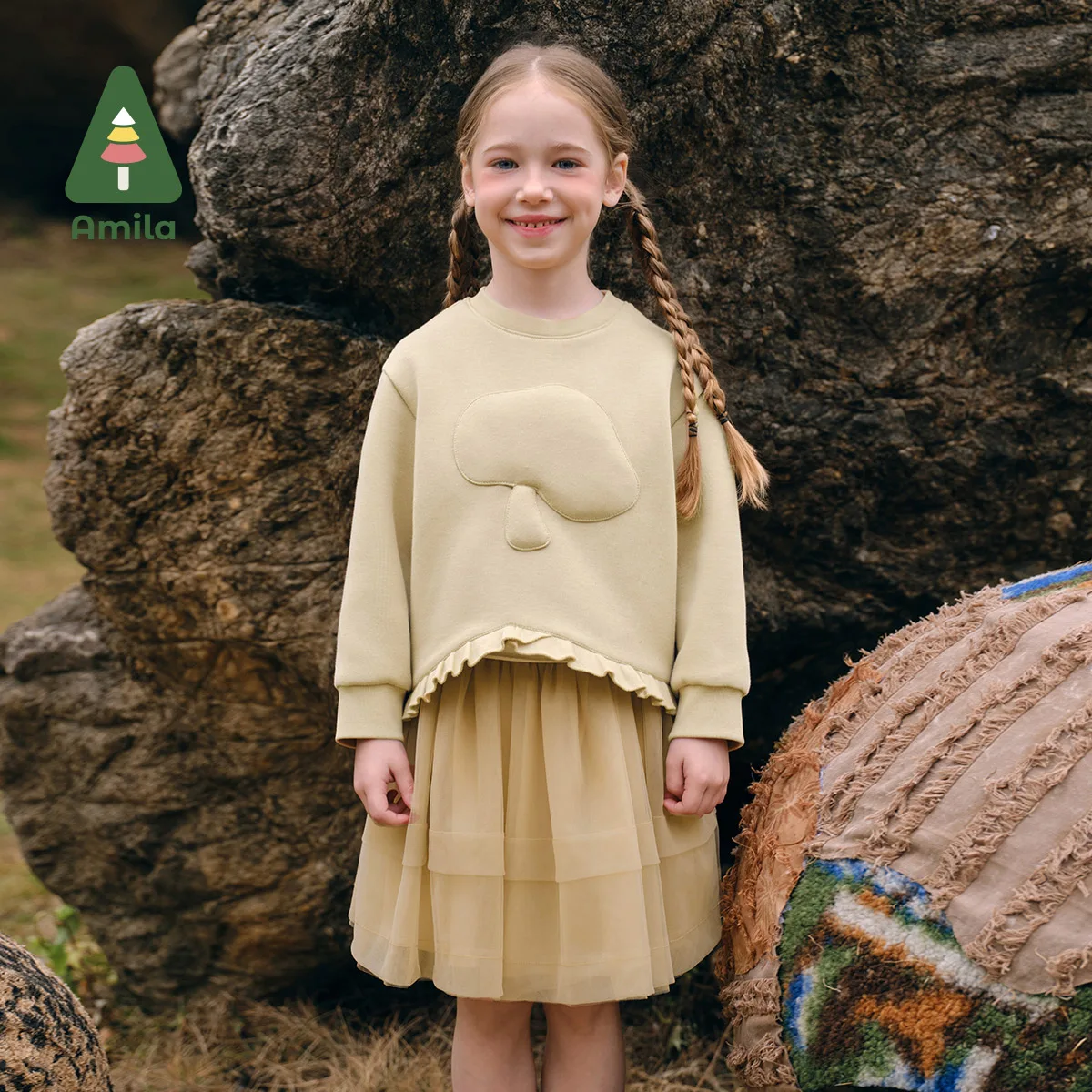 Amila Childrens Skirt Suit 2024 Autumn New Girls Sweater Short Skirt Loose Casual Solid Color Sweet Skin-Friendly Clothing