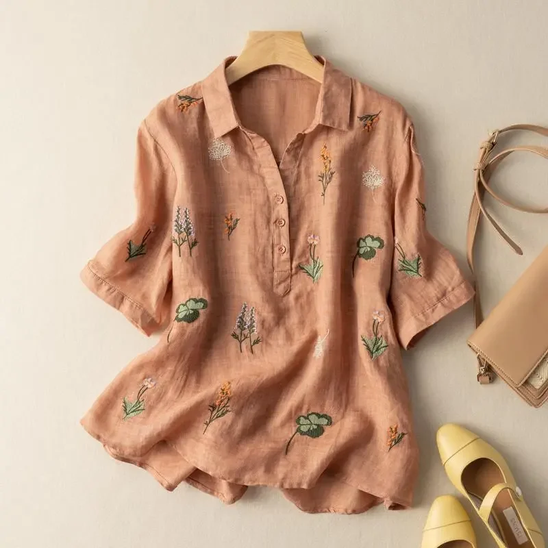 Women's Pink Floral Embroidery Half Sleeve Blouse Turn Down Collar Button Front Casual Linen Shirt For Daily Wear