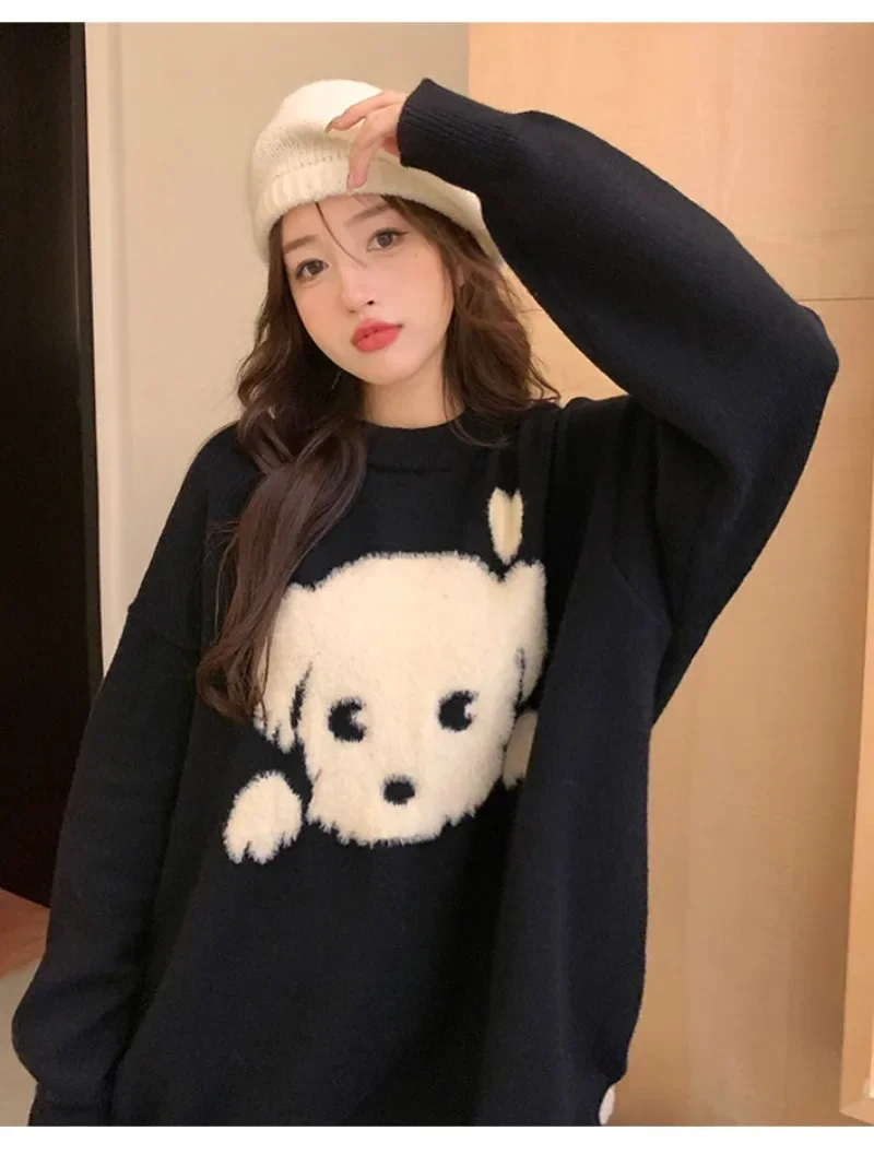 Y2K O-Neck Sweaters Black Cartoon Dog Print Pullovers Knitted Preppy Style Sueter Mujer Harajuku Japanese Women Vintage