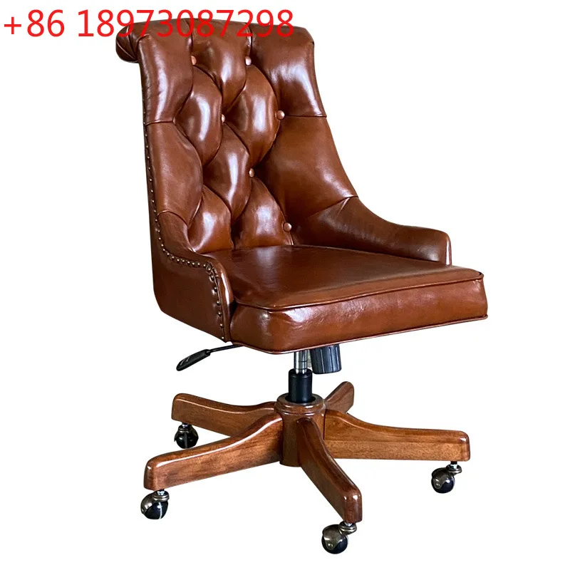 

American leather swivel chair solid wood casual European carved office boss chair