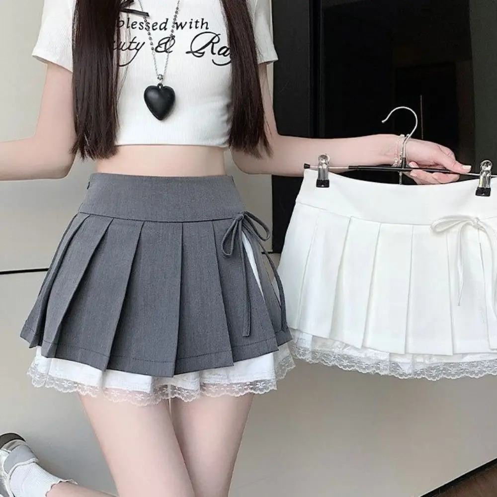 Lace Paneling Pleated A-Line Skirt Built-in Shorts Plaid Mesh Stitching High Waist Skirt Polyester Lining Side Slit