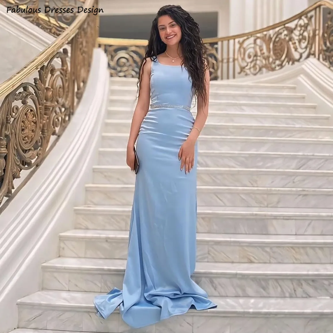 

Light Blue Long Mermaid Prom Dresses Formal Scoop Neck Crystal Women Evening Dress Custom Made Wedding Party Gown