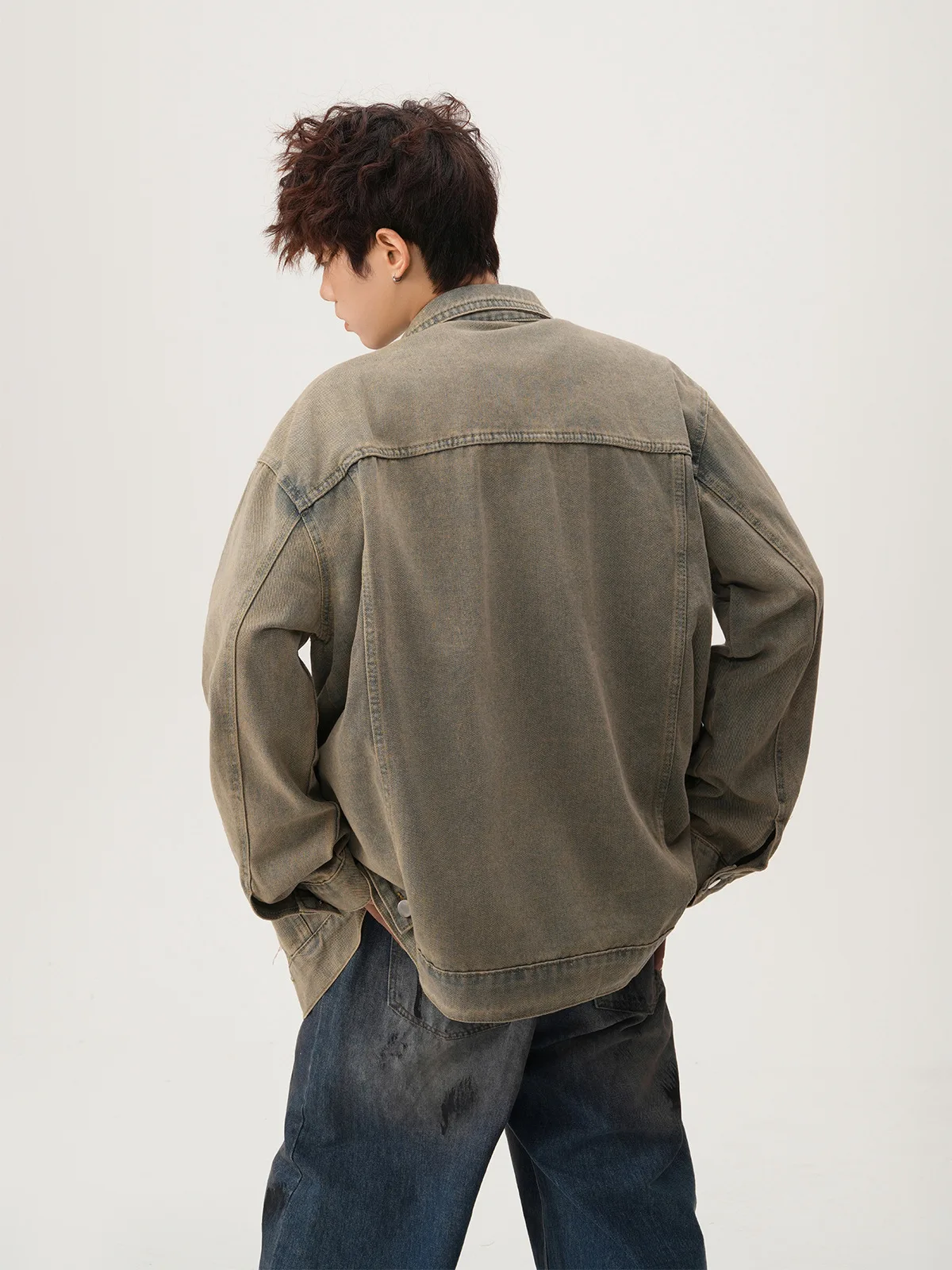 American High Street Ripped Denim Jacket Autumn Casual Fashion Loose Wash Distressed Vintage Men Lapel Multi Pocket Coat