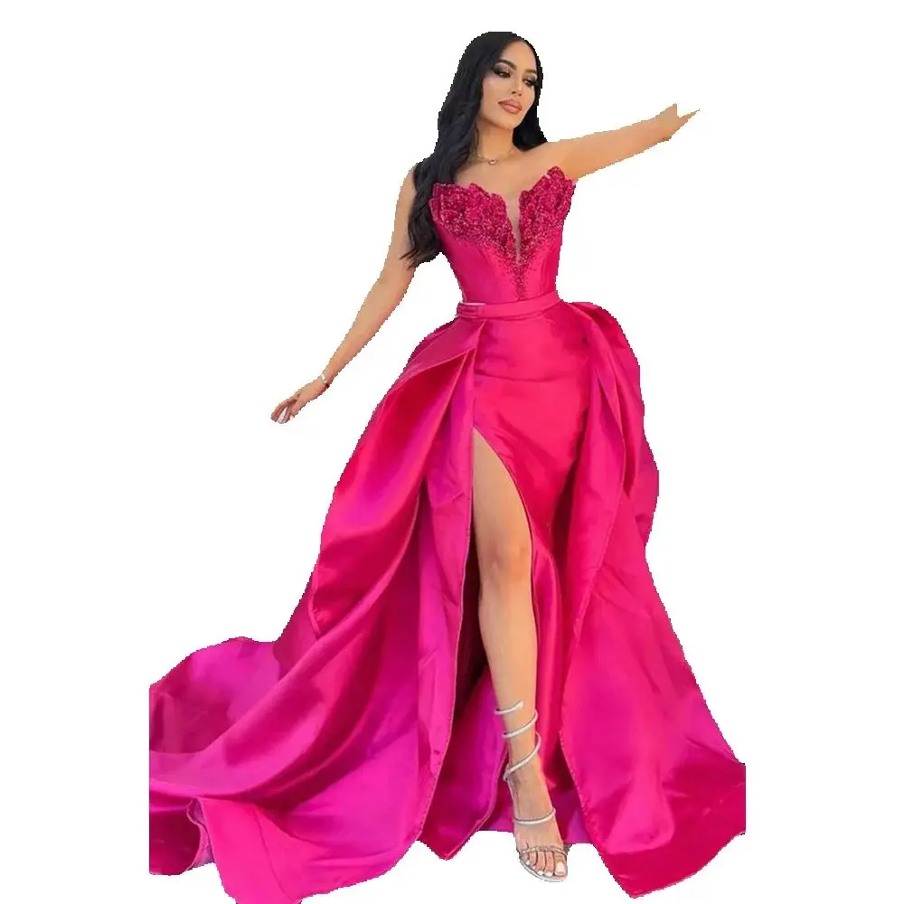 Luxury Rose Red Evening Party Dresses Sweetheart Floor Length A-Line Sexy High Side Split Shiny High Quality Women Prom Gowns