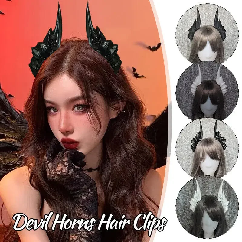 

14/19cm Devil Horns Headpiece Hair Clips Black White Girl Hair Clips Lolita Headwear Halloween Carnival Party Costume Props