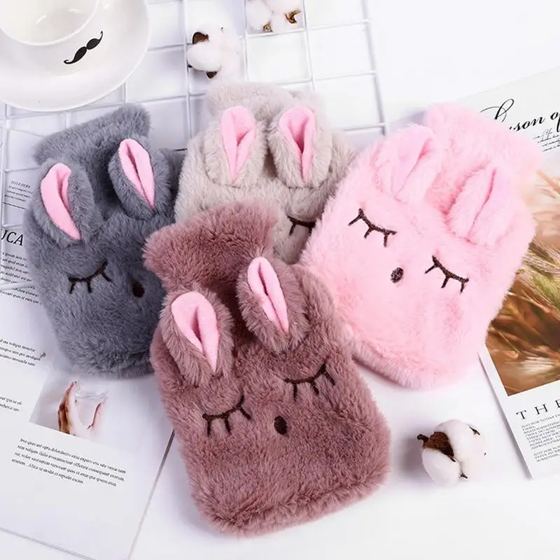 Cute Hot Water Bottle Bag For Girls Cartoon Plush Squinting Rabbit Shape Hand Warmer Heat Pack Warm Feet Hot Water Bag