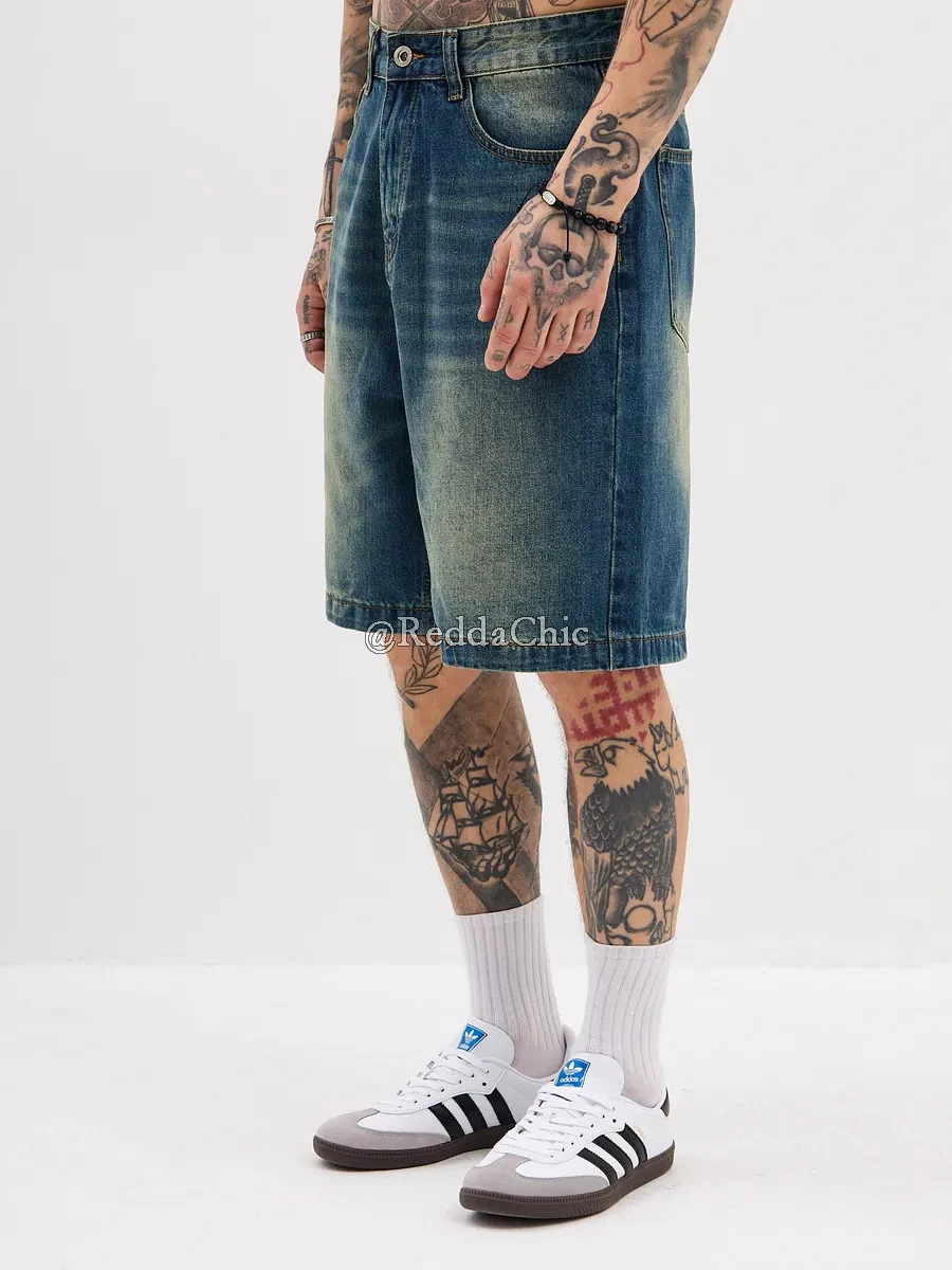 REDDACHiC เก่าหนวดเบอร์มิวดากางเกง Baggy Jorts กระเป๋าต่ําเอว Vintage Wash Denim กางเกงขาสั้นฤดูร้อนผู้ชาย Streetwear