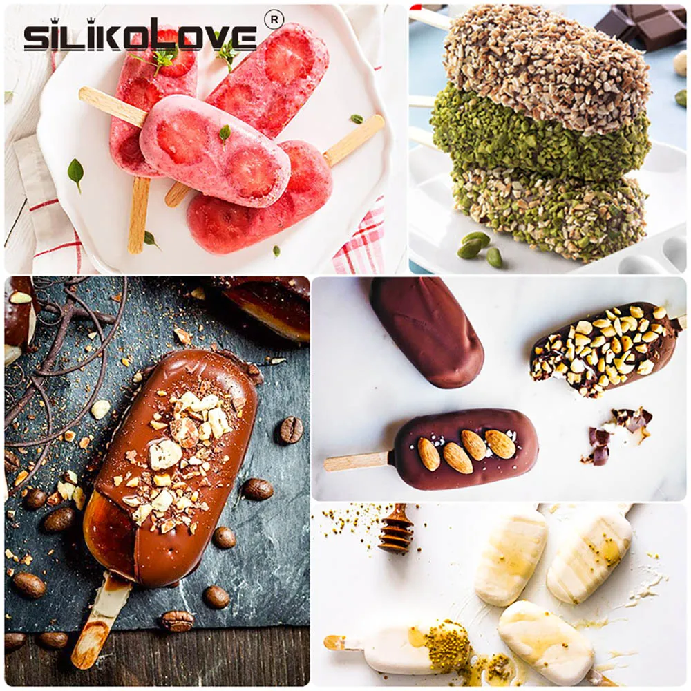 SILIKOLOVE 8 Cavity Ice Cream Mold Silicone Popsicle Molds Chocolate Sandwich Ice Cream Tray with Popsicle Sticks