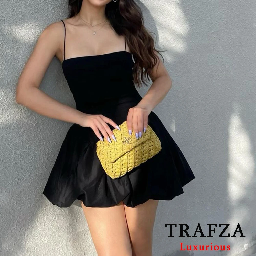 TRAFZA Sexy Black Ruffles Mini Dress Women Knitted Patchwork Beach Bubble Dress Fashion 2024 Summer Elegant Mujer Vestidos