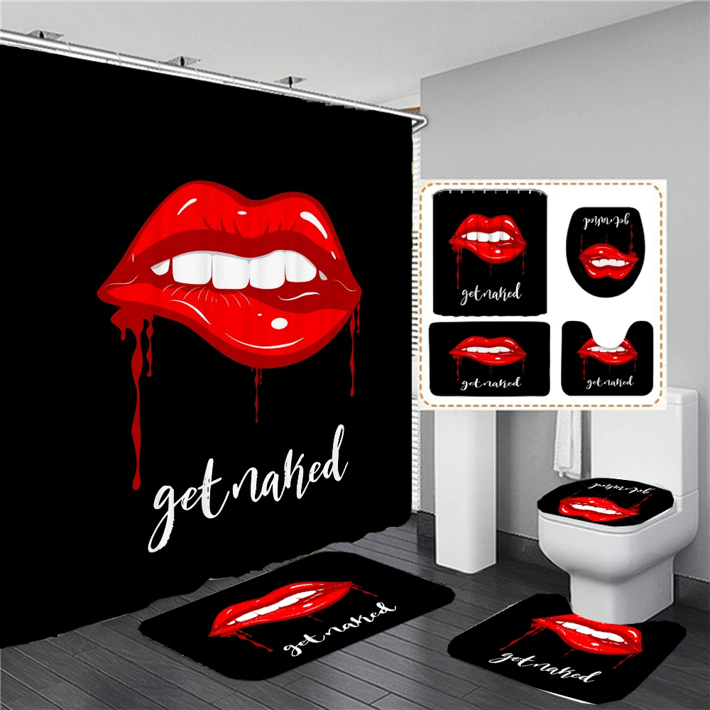 Get Naked Pattern Bathroom Curtain Set Sexy Red lip Print Shower Curtains Bath Mats Pedestal Rugs Toilet Cover Non-slip Carpet