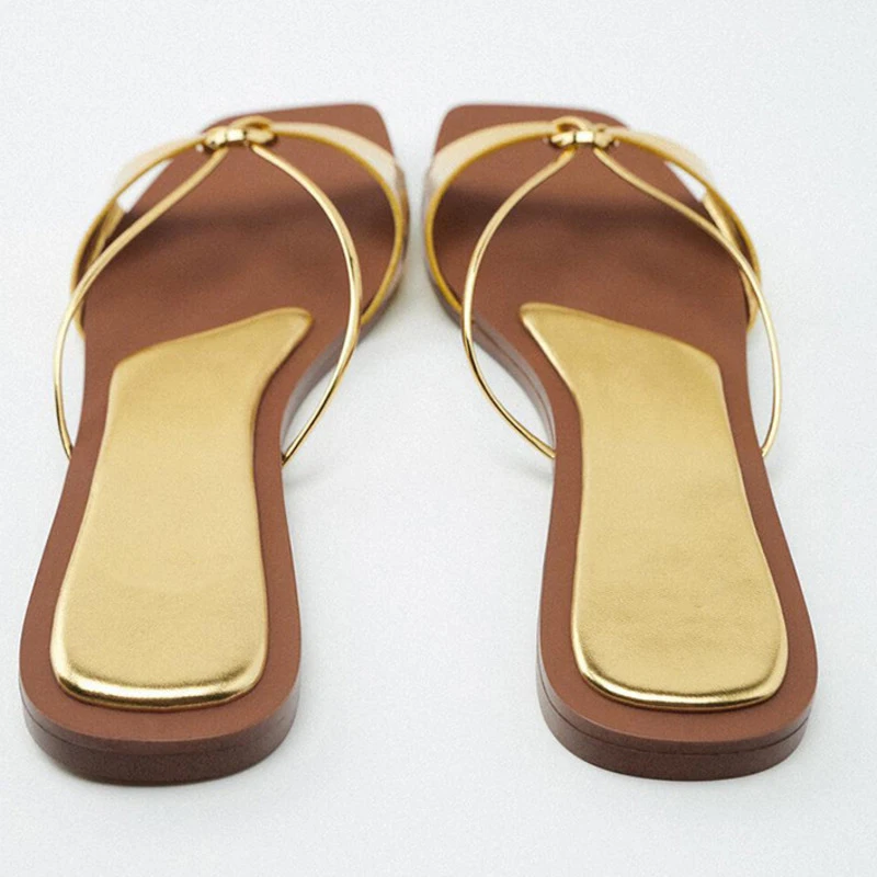 New Arrival Knot Ornaments Gold Outside Wearing Slippers Female One Line Open Toe Summer Aurumn Evening Fashion Flat Sandals