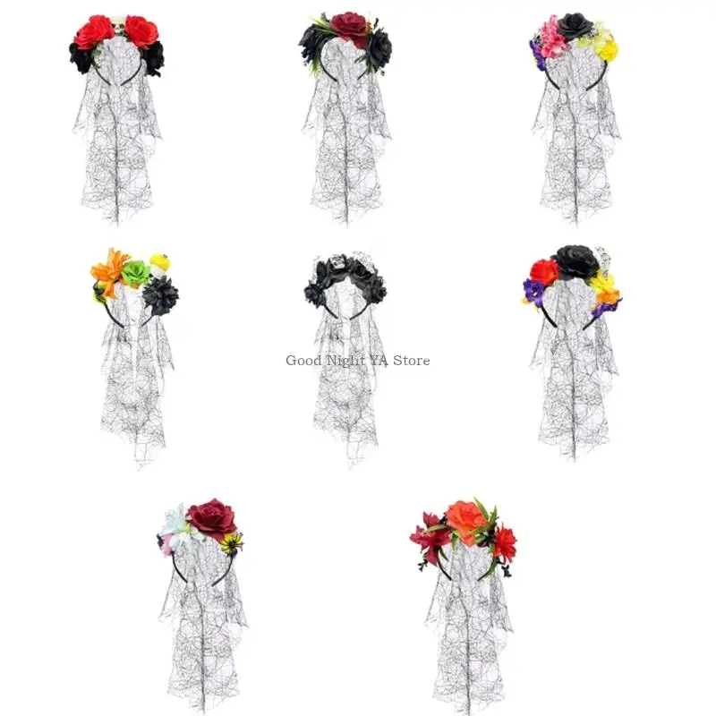 غطاء رأس على شكل هيكل عظمي قوطي، ربطة شعر على شكل زهرة، إكسسوار رأس لمناسبات الهالوين وليلة ذات طابع رعب