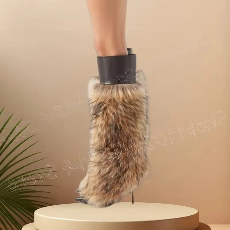 Brown Fur Design Patchwork Pointed Toe Boots Side Zipper Women Shoes Thin High Heels Sexy Party Banquet 2026 Zapatos Para Mujere