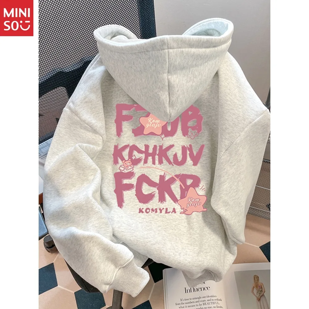 

Miniso College Style American Trend Brand Letter Hooded Sweater Women's Autumn and Winter Design Sense Niche Fleece Jacket