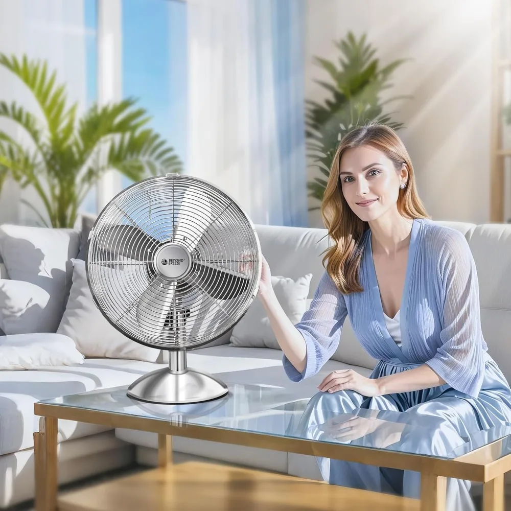 مروحة طاولة ريترو مقاس 12 بوصة، مروحة مكتب معدنية بالكامل مع 3 سرعات قابلة للتعديل و80 °   تذبذب واسع، مثالي لغرفة النوم والمكتب