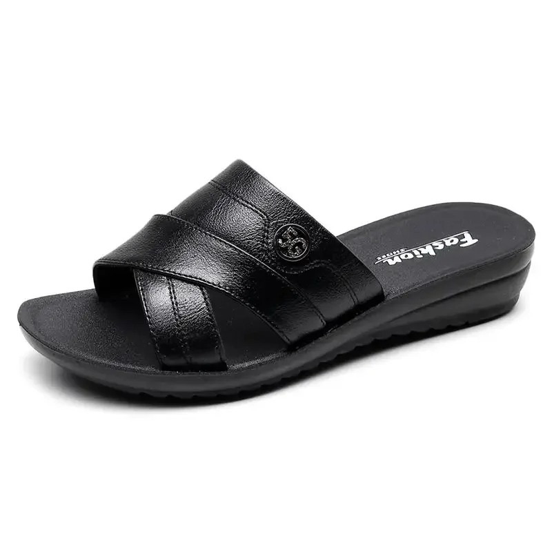 Women Summer Casual Slides Comfortable Slippers Flip Flops Platform Sandals Ladies Indoor Shoes Large Size Genuine Leather