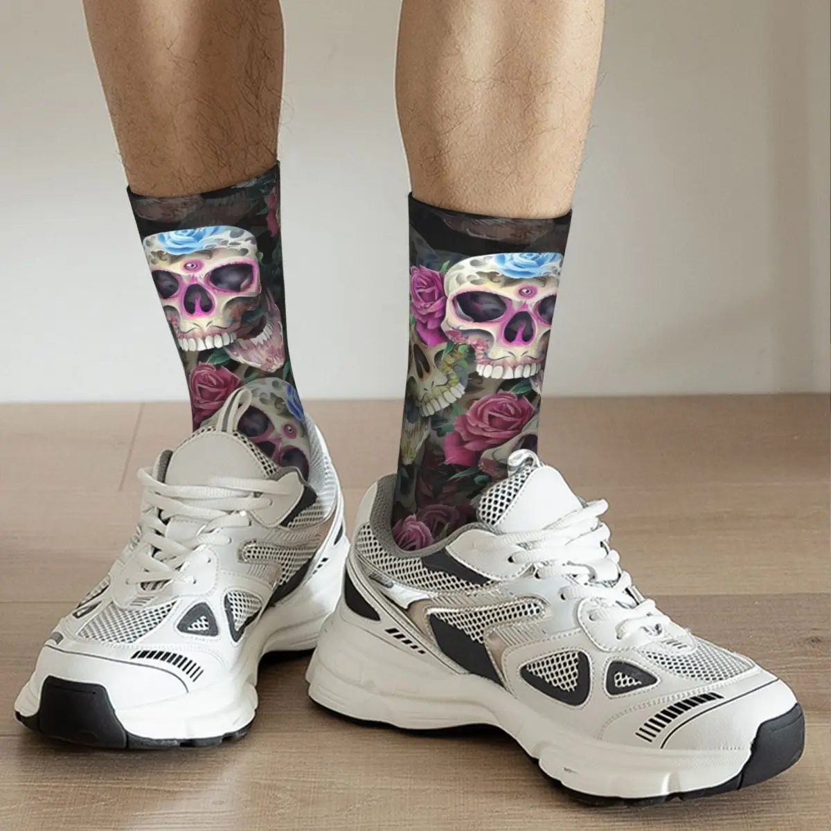 Happy Funny Men's Socks Skull And Flowers Vintage Harajuku Hip Hop Novelty Crew Crazy Sock Gift Pattern Printed