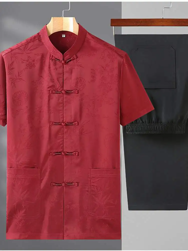 red-short-sleeve-men's-clothing-set-for-elderly-grandfathers-summer-wear-traditional-chinese-tang-suit-male-ethnic-fashion