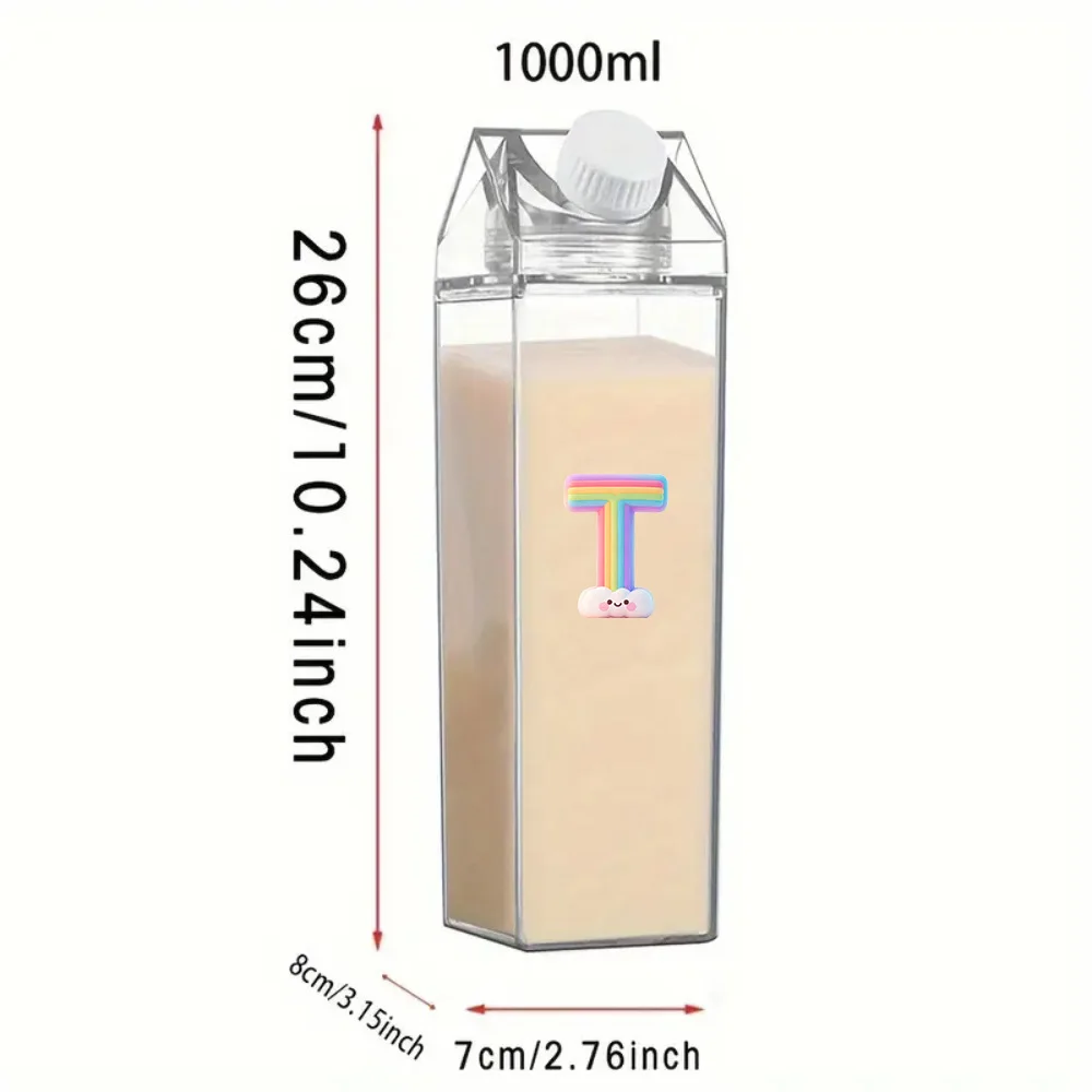 1000ml Milk Bottle Milk Carton-Shaped Dairy Container Cold Drink Tumbler with Leakproof Lid  Colorful Clouds Letter Pattern