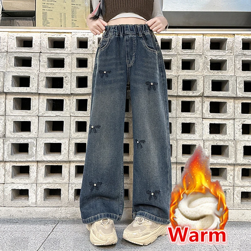 

Child Winter Warm Fleece Lined Jeans with Bow for Girls Loose Straight Insulated Denim Pants Kids Casual Thick Thermal Trousers