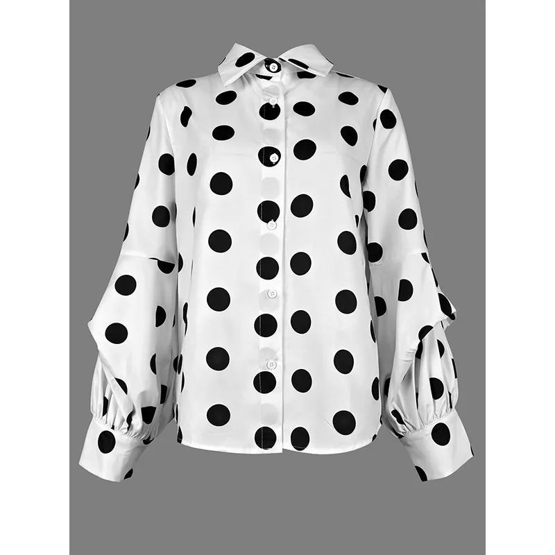 TAKO Polka Point Camicie taglie forti Donna 2025 Autunno Manica a sbuffo Monopetto Vestibilità ampia Pieghe Camicette con risvolto da donna 176935