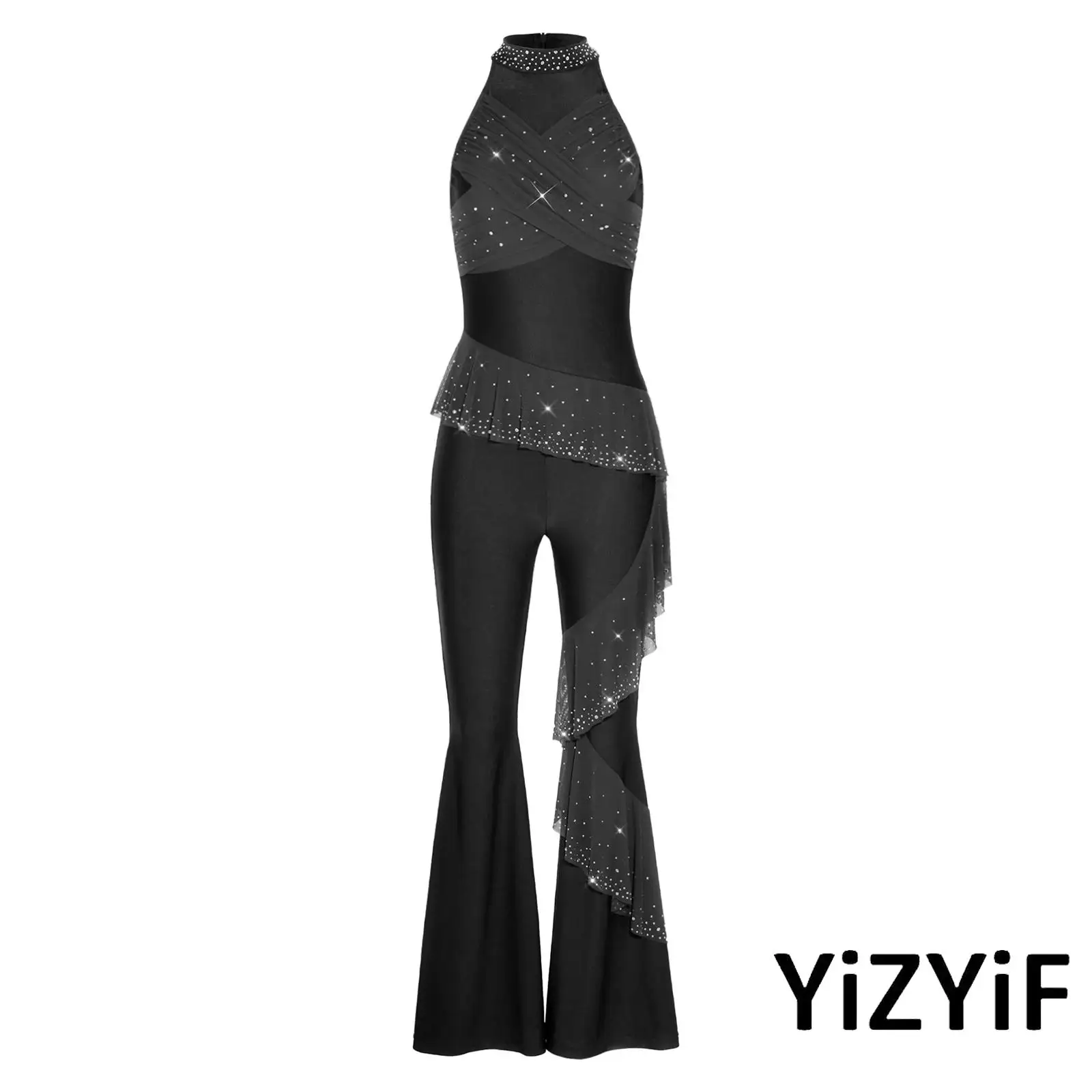 

Womens Ballet Latin Dance Flared Rompers Elegant Female Mock Neck Sleeveless Bell Bottoms Jumpsuit Modern Contemporary Dancewear