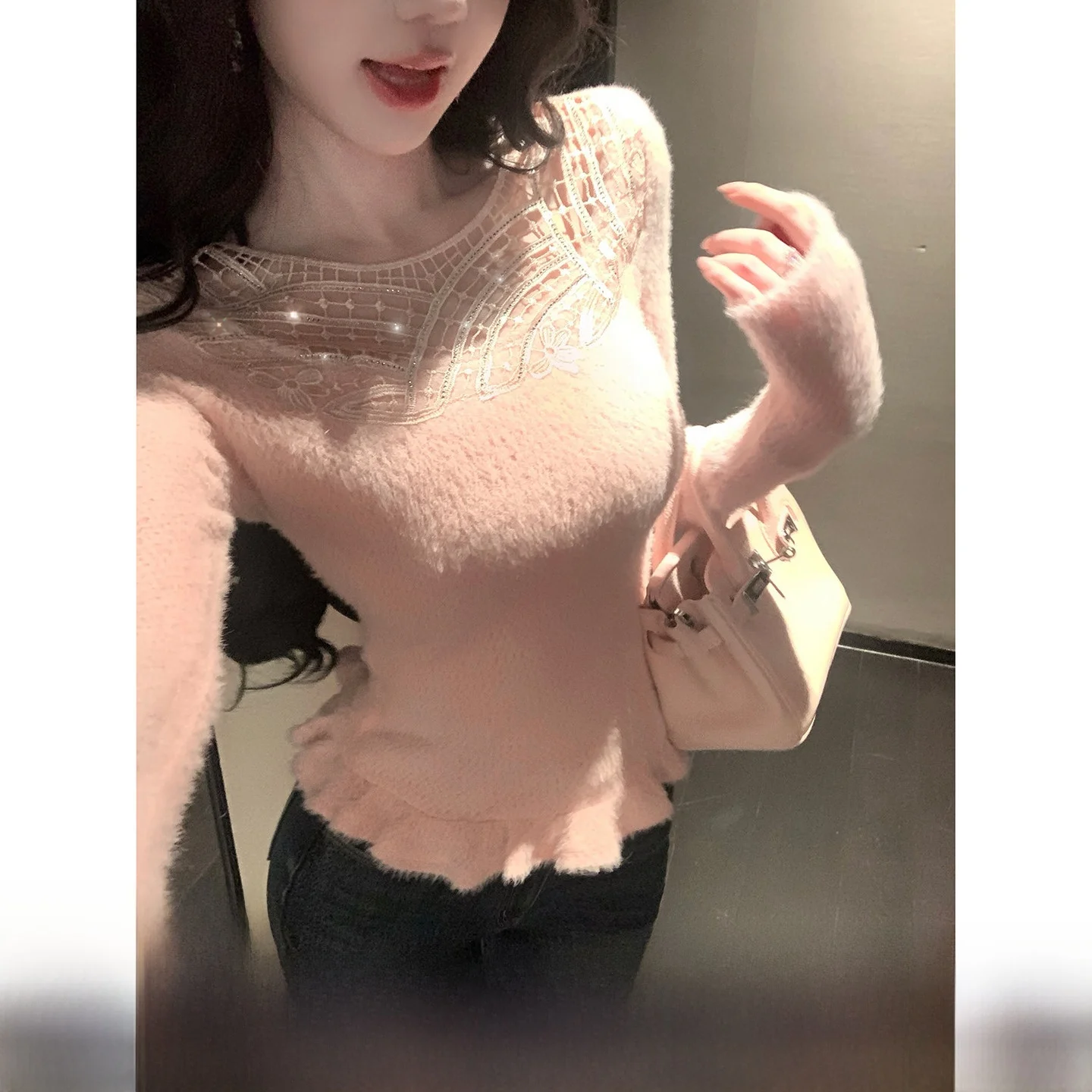 

Женская мягкая вязаная термофутболка Sy с термостразами, длинным рукавом, круглым вырезом, однотонная, зимняя, модная