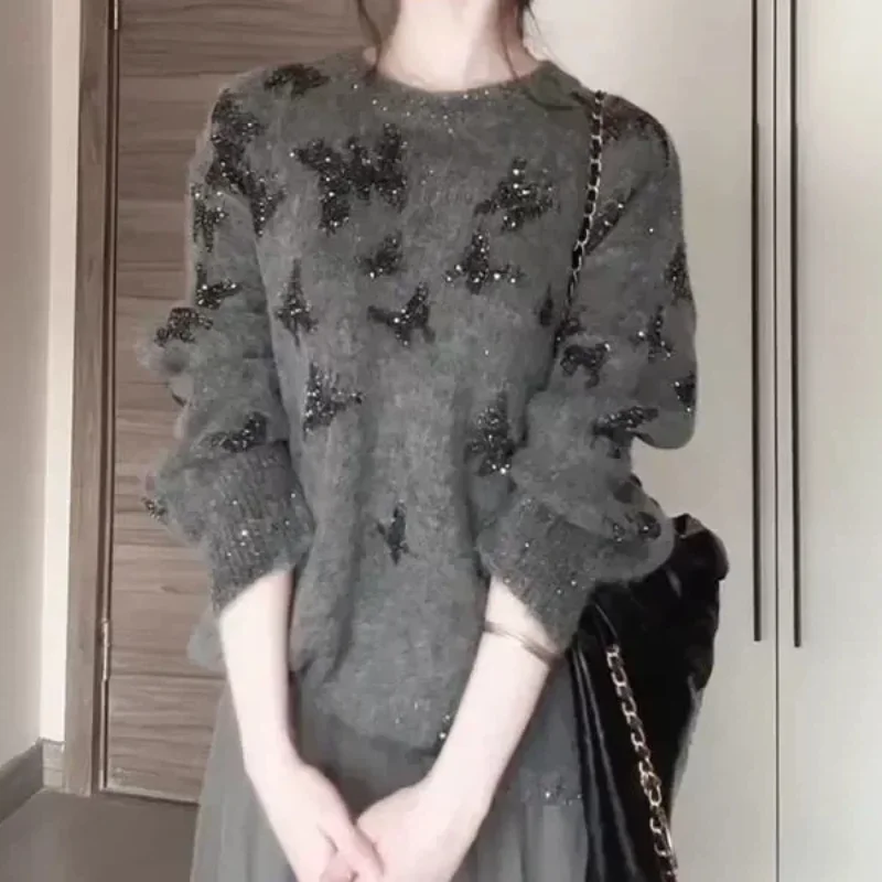 

Женский мягкий пушистый свитер, осень-зима, новый стиль, серый, блестящий, свободный, повседневный, ленивый стиль, элитный пуловер, топ