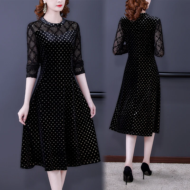 NYFS الدانتيل المرقعة الذهبي المخملية جديد الخريف طويلة الأكمام فساتين امرأة Vestidos رداء Ete فام Elbise فستان طويل فضفاض