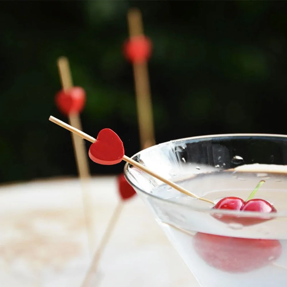 100pcs 12cm Heart Flower Bamboo Pick Buffet Cupcake Fruit Fork Party Dessert Salad Stick Cocktail Skewer for Wedding Decor